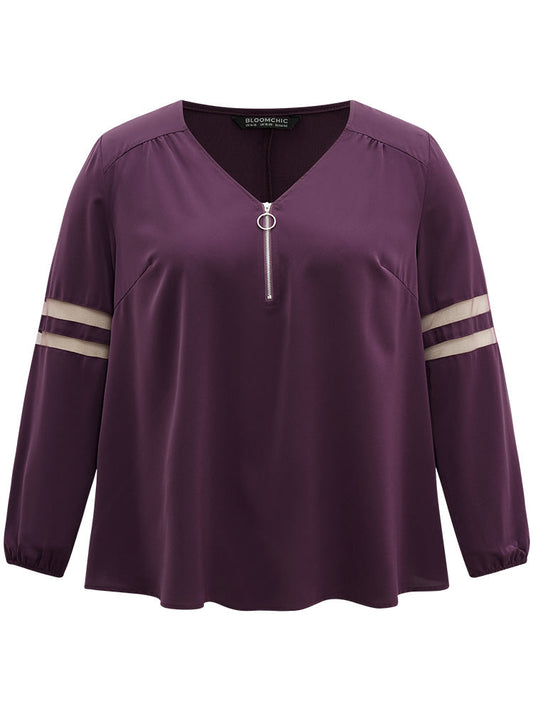 Static-Free Zipper Fly Mesh Patchwork Blouse