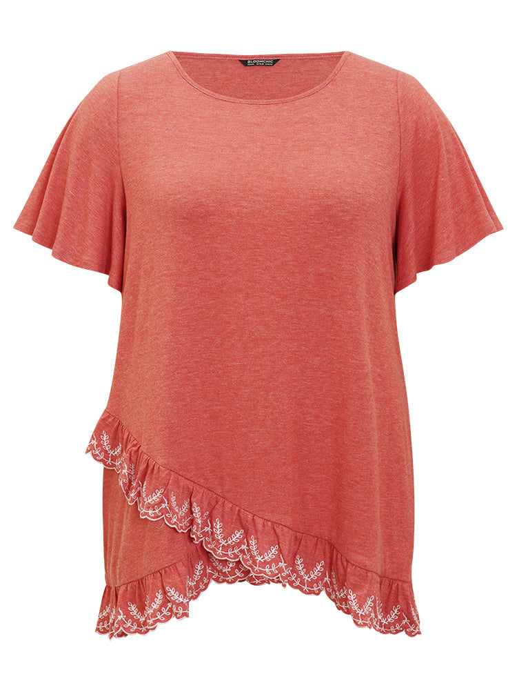 Plain Ruffle Wrap Hem Contrast Embroidered T-shirt