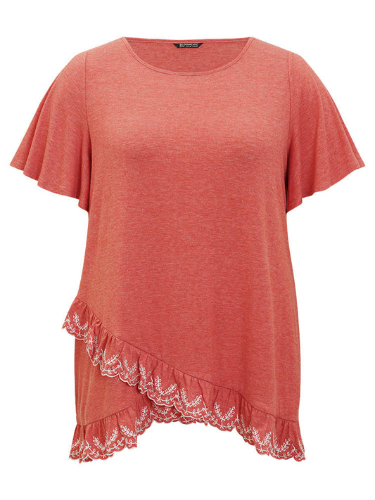 Plain Ruffle Wrap Hem Contrast Embroidered T-shirt
