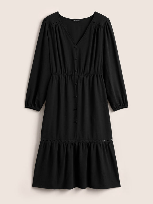 Hollow Out Lantern Sleeve Flutter Layered Hem Dress