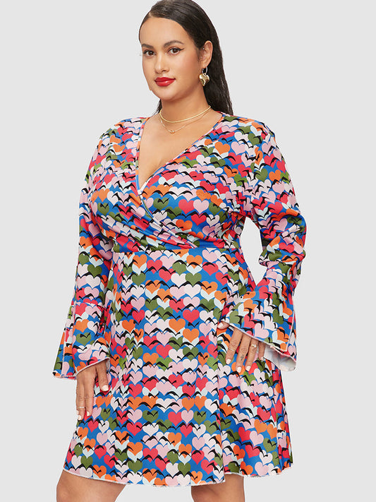 Heart Print Flounce Sleeve Dress