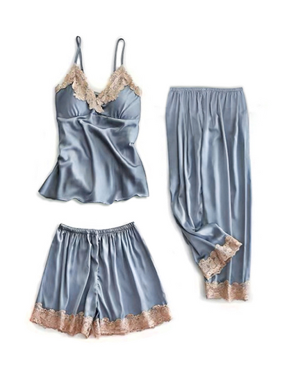3pcs Satin Lace Trim Cami Pajama Set