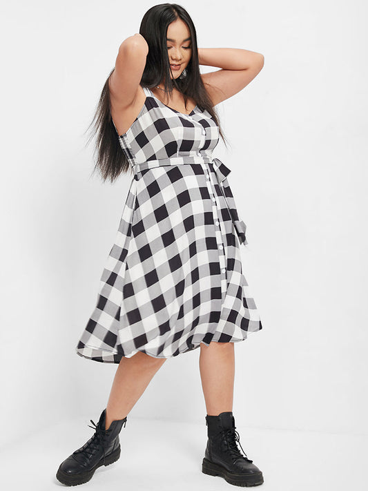 Gingham Belted Button Tank Dress