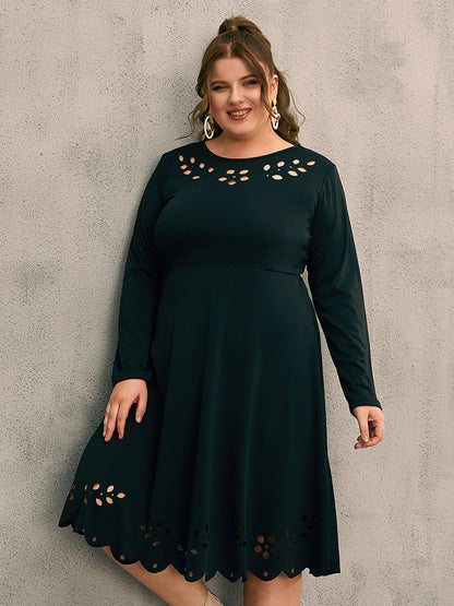 Lace Hollow Out Solid Patchwork Round Neck Dress