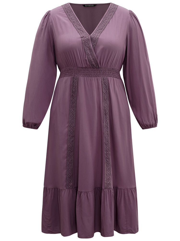 Solid Eyelet Lace Shirred Wrap Flutter Hem Dress