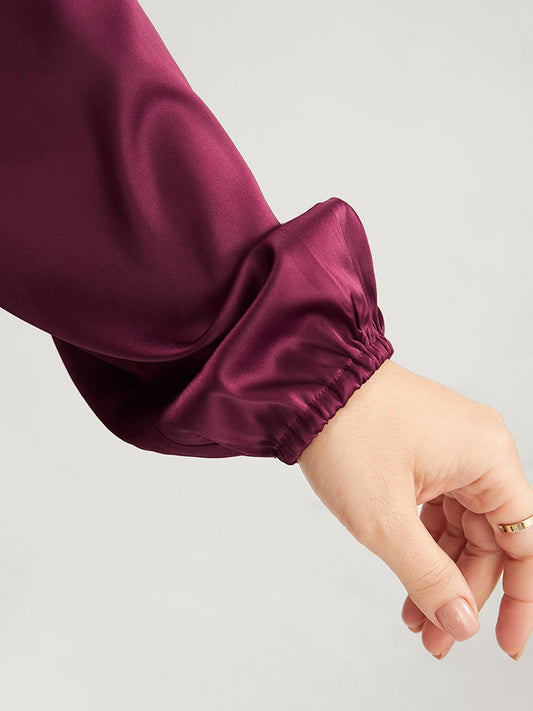 Solid Lantern Sleeve Wrap Belted Satin Blouse