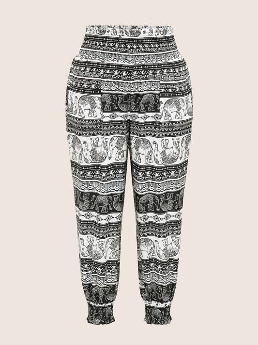 Bandana Shirred Elastic Waist Patched Pocket Pants