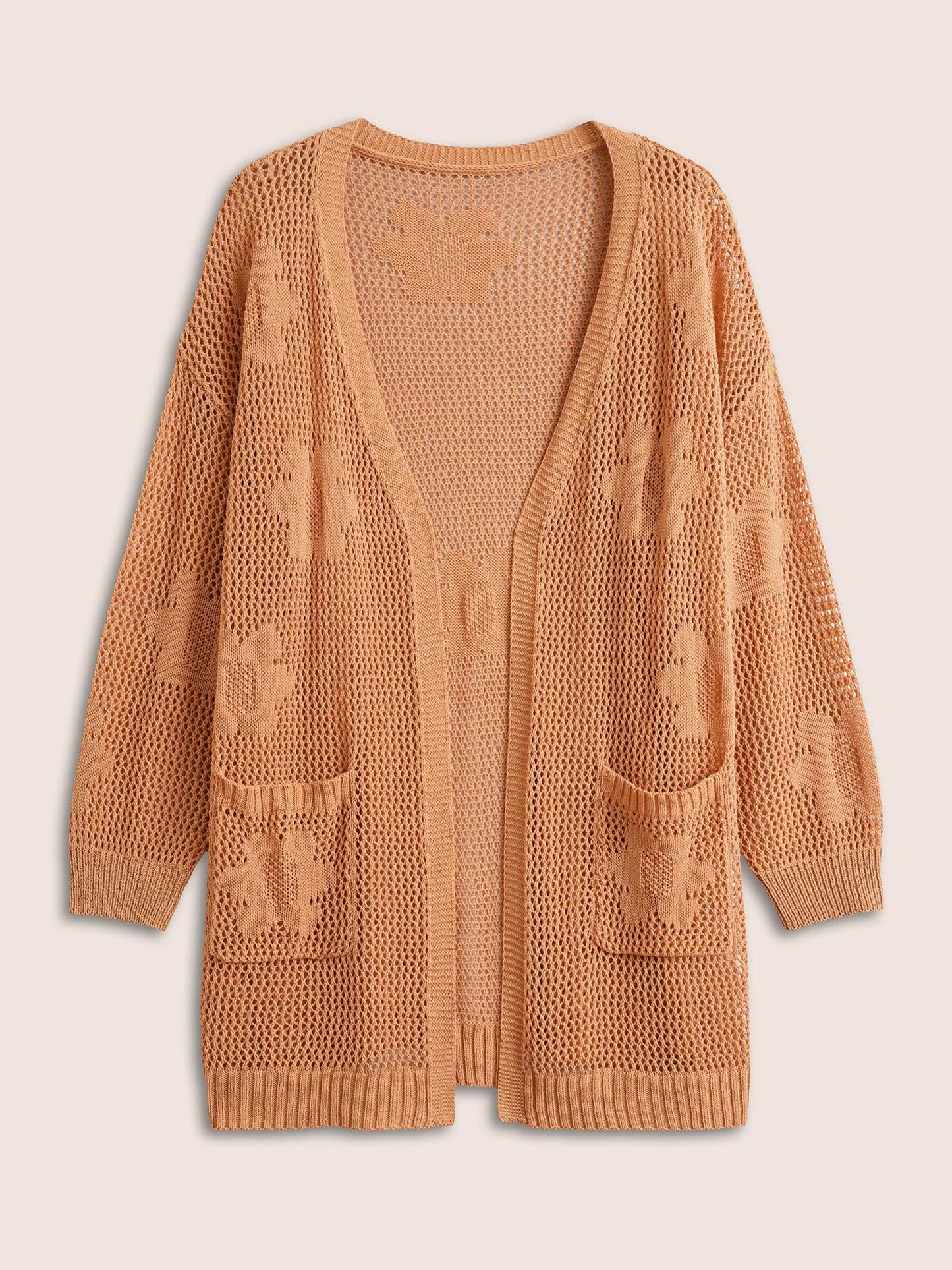 Solid Floral Pocket Pointelle Knit Cardigan