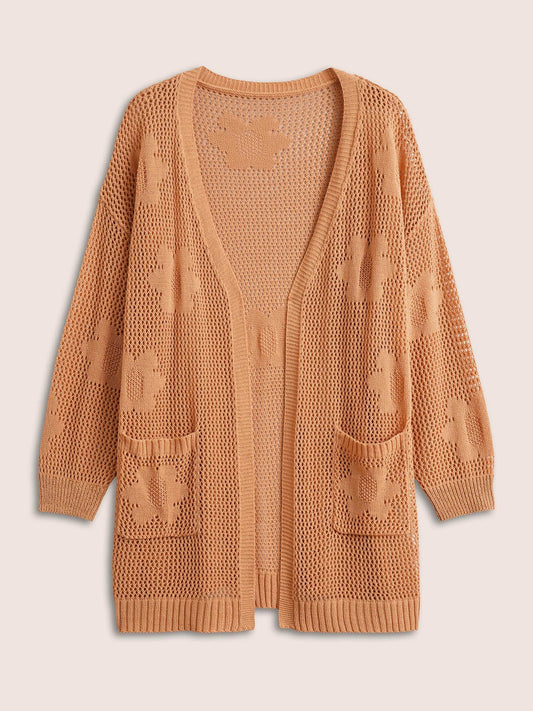 Solid Floral Pocket Pointelle Knit Cardigan