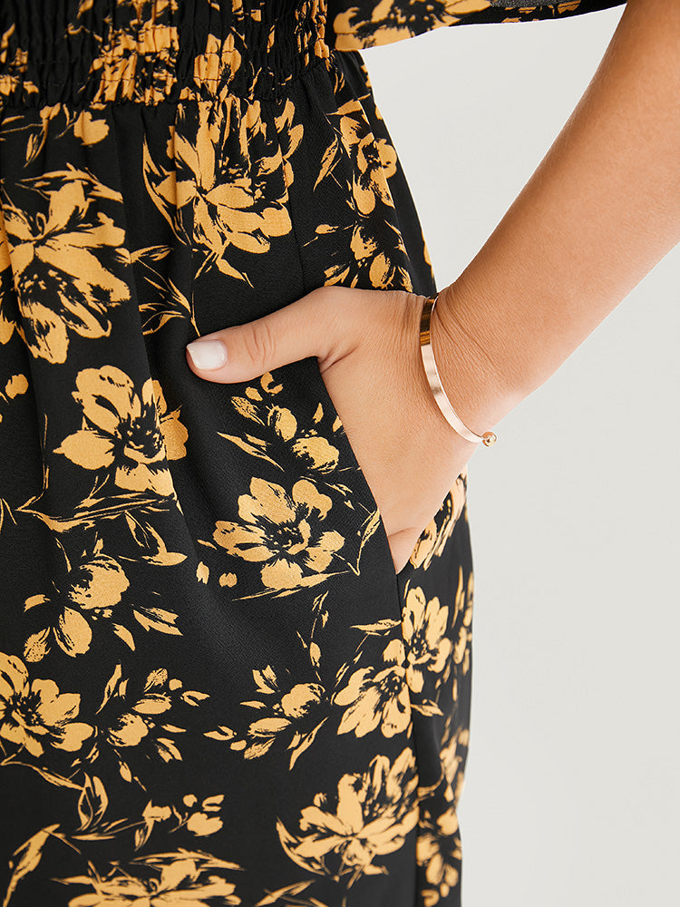 Floral Shirred Button Up Pocket Notched Neck Jumpsuit