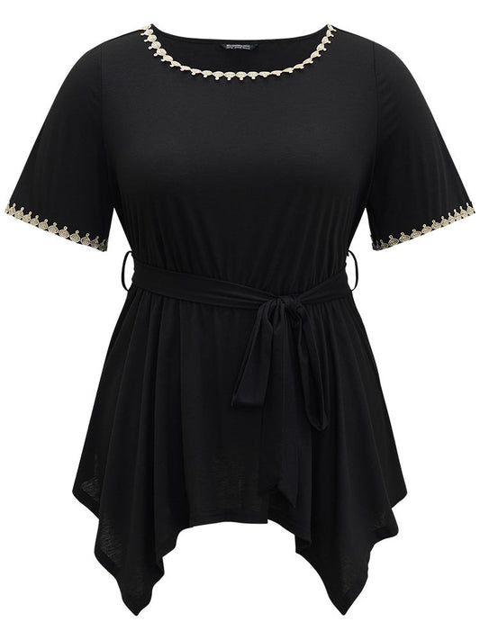 Crochet Lace Round Neck Ties Hanky Hem T-shirt