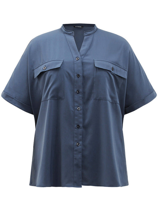 Plain Flap Pocket Notched Batwing Sleeve Blouse