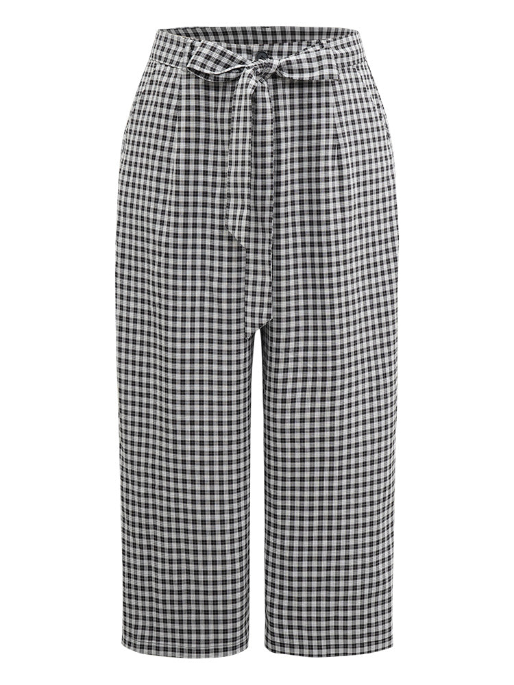 Plaid Belted Bowknot Wide Leg Pants