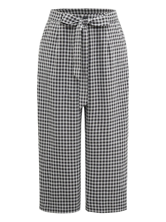 Plaid Belted Bowknot Wide Leg Pants