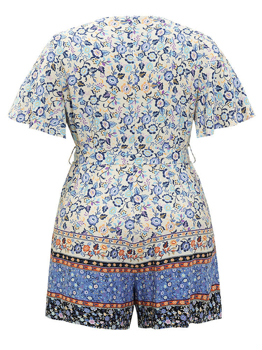Bandana Print Flutter Sleeve Pocket Belt Wrap Romper