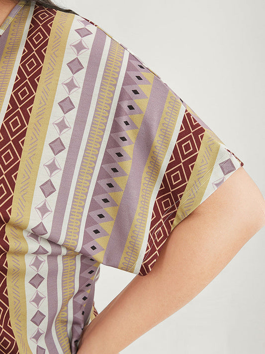 Striped Geometric V Neck Dolman Sleeve T-shirt