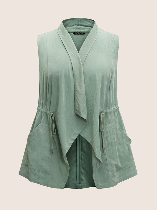 Plain Patched Pocket Drawstring Lapel Collar Tank Vest