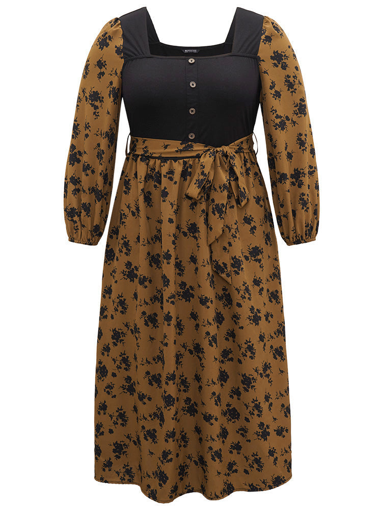 Silhouette Floral Print Belted Square Neck Dress