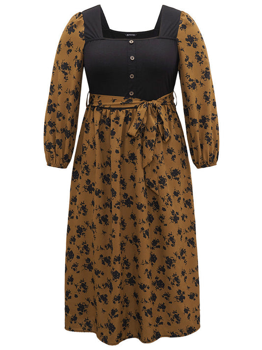 Silhouette Floral Print Belted Square Neck Dress