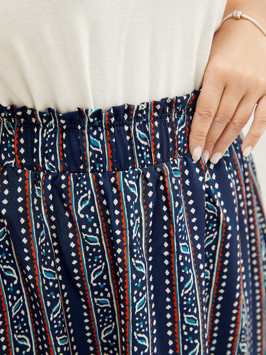 Striped Print Pocket Paperbag Waist Skirt