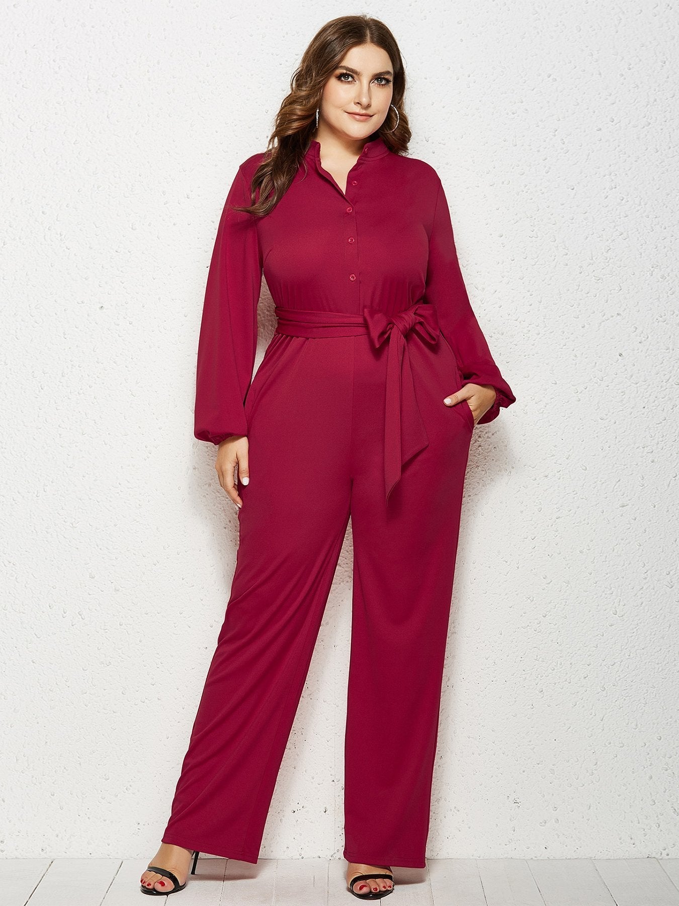 Solid Color Belt Lantern Sleeve Jumpsuits