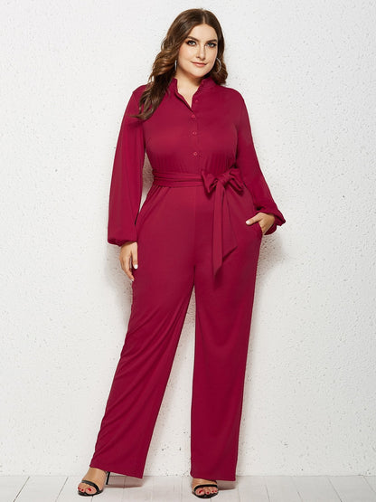 Solid Color Belt Lantern Sleeve Jumpsuits