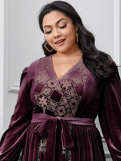Floral & Argyle Embroidered Belt Velvet A-line Dress