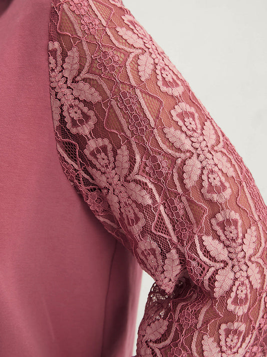 Solid Lace Patchwork Round Neck Sweatshirt