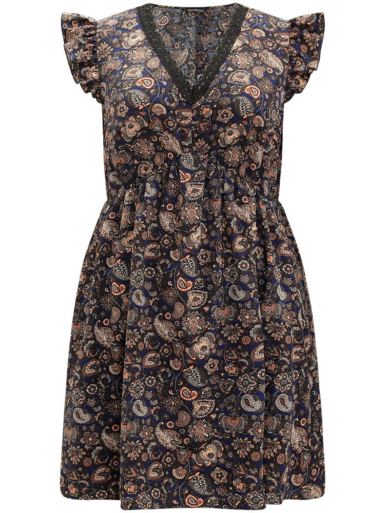 Paisley Print Lace Panel Elastic Waist Ruffle Cap Sleeve Dress