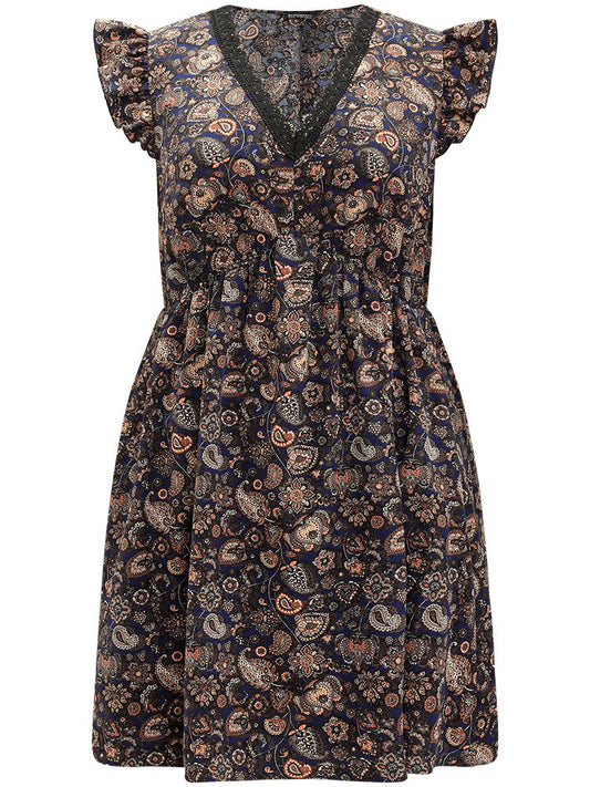 Paisley Print Lace Panel Elastic Waist Ruffle Cap Sleeve Dress