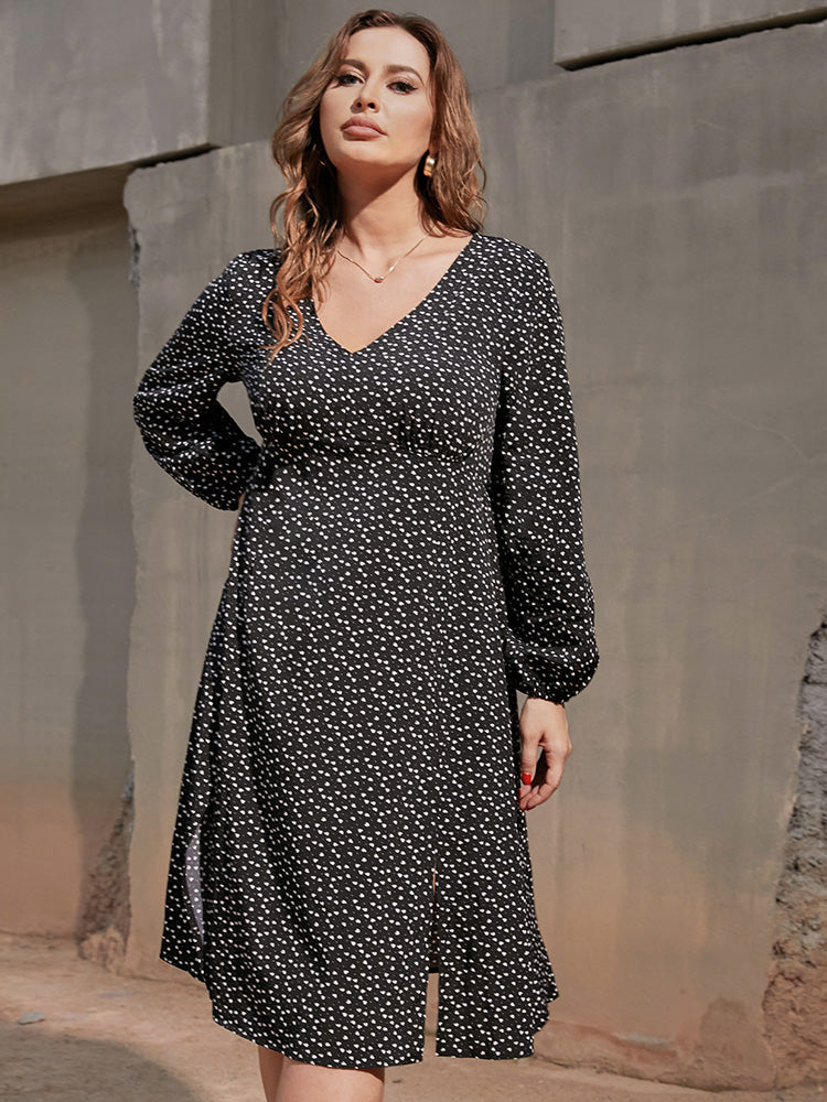 V Neck Polka Dot Split Hem Dress