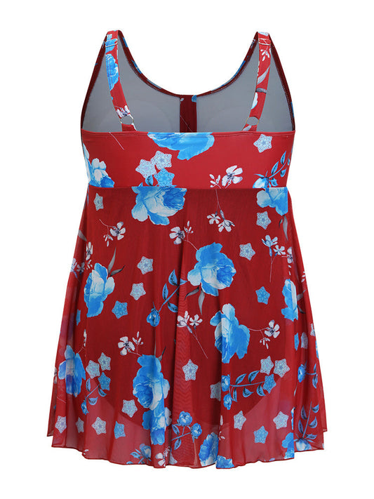 Floral Print Split Front Ruched A Line Swim Dress