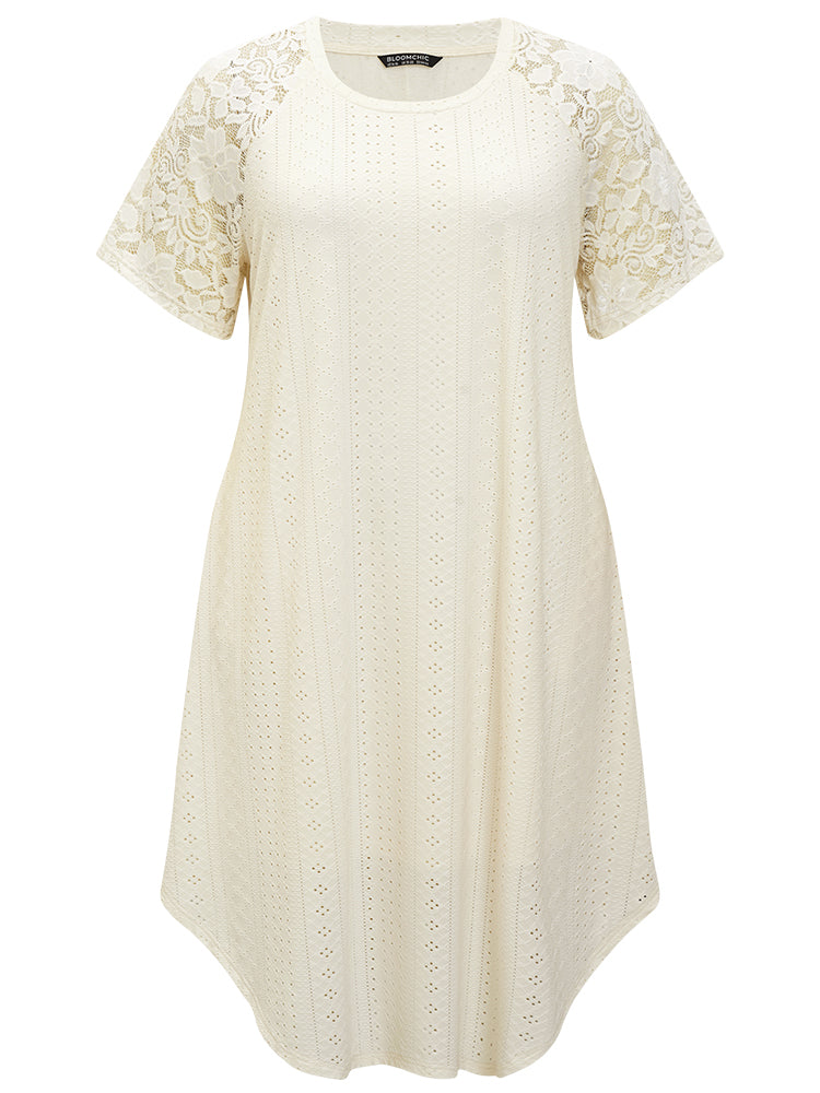 Plain Lace Sleeve Pocket Arc Hem Broderie Anglaise Dress