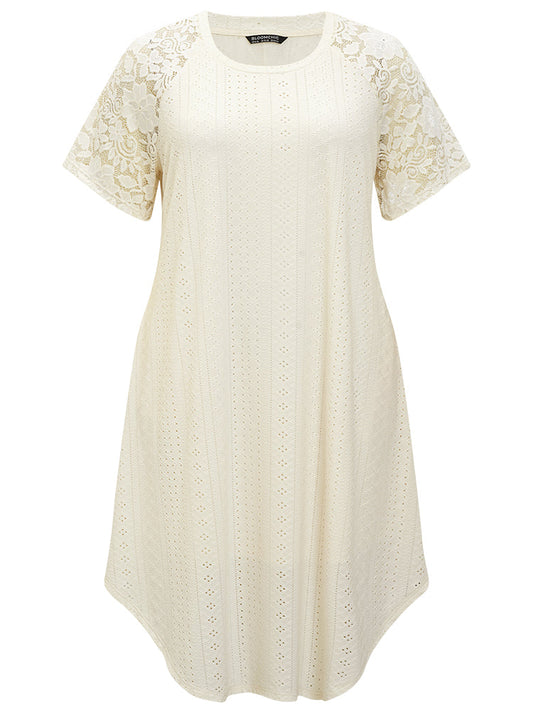Plain Lace Sleeve Pocket Arc Hem Broderie Anglaise Dress