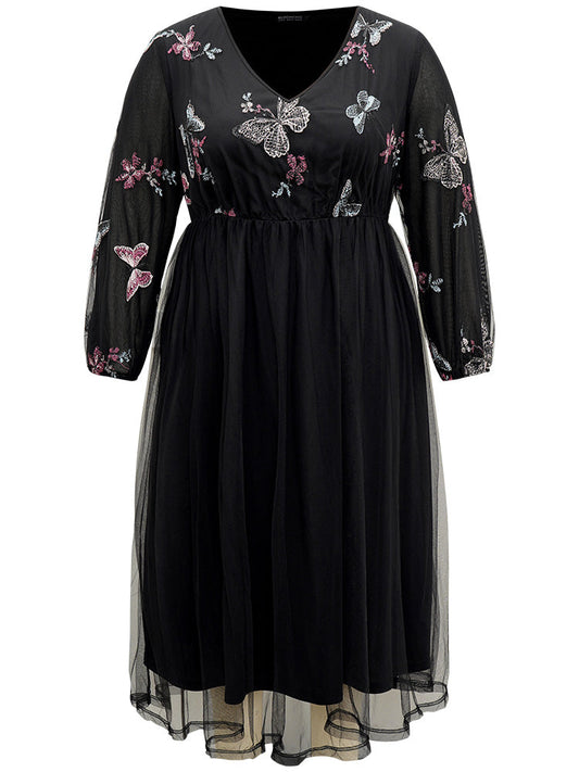Butterfly Embroidered Mesh Gathered Patchwork Dress
