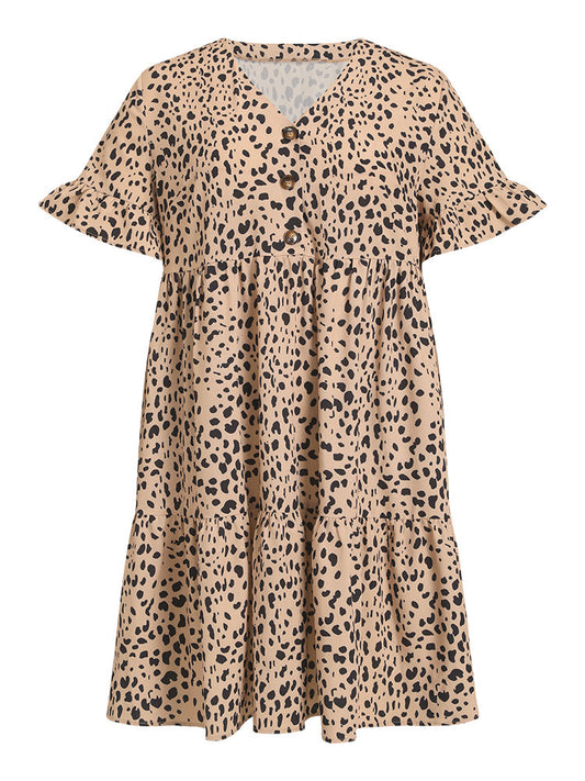 Leopard Print Bell Sleeve Button Up Ruffle Layered Hem Dress