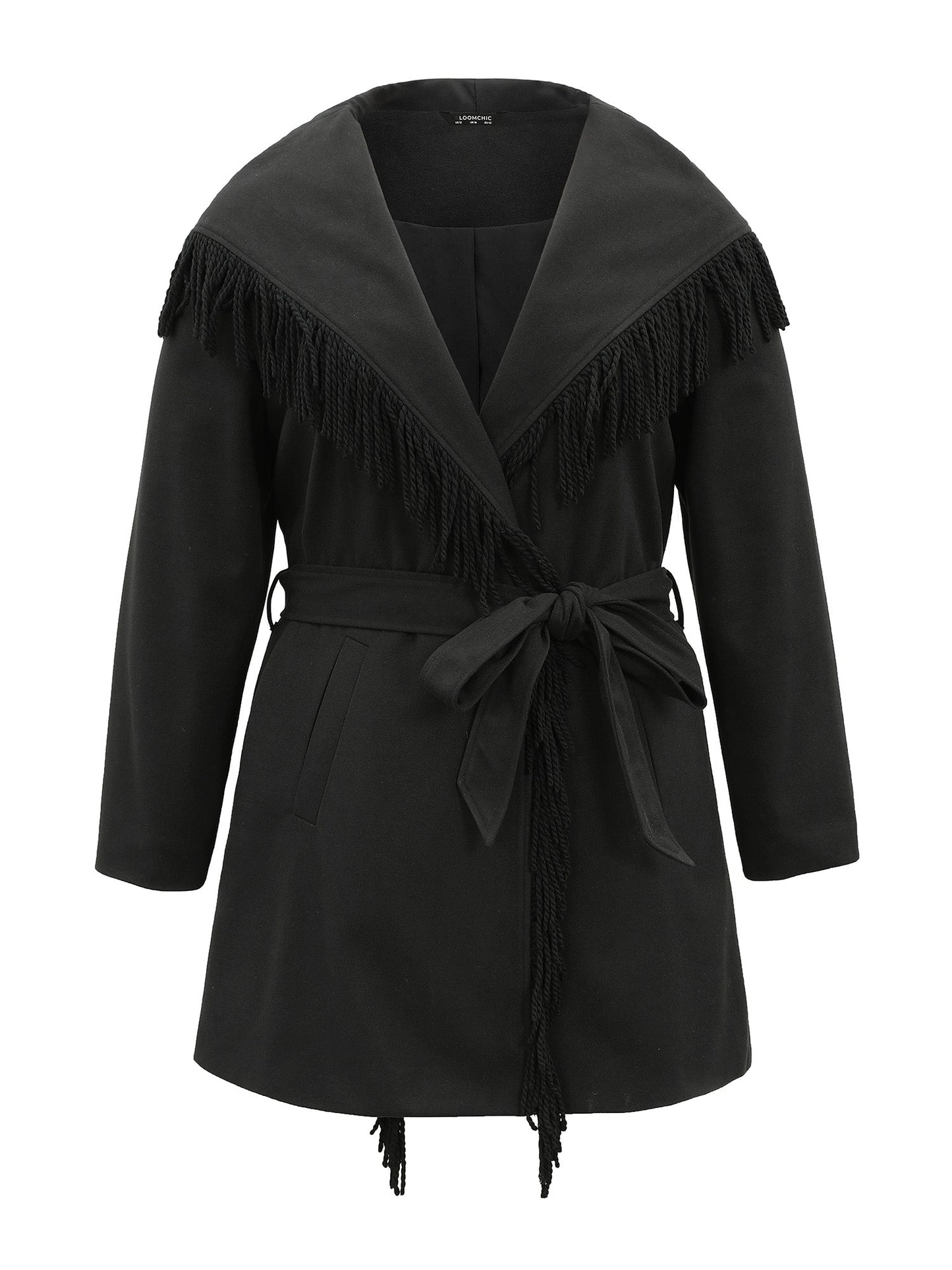 Tassels Trim Plain Lapel Collar Belted Coat