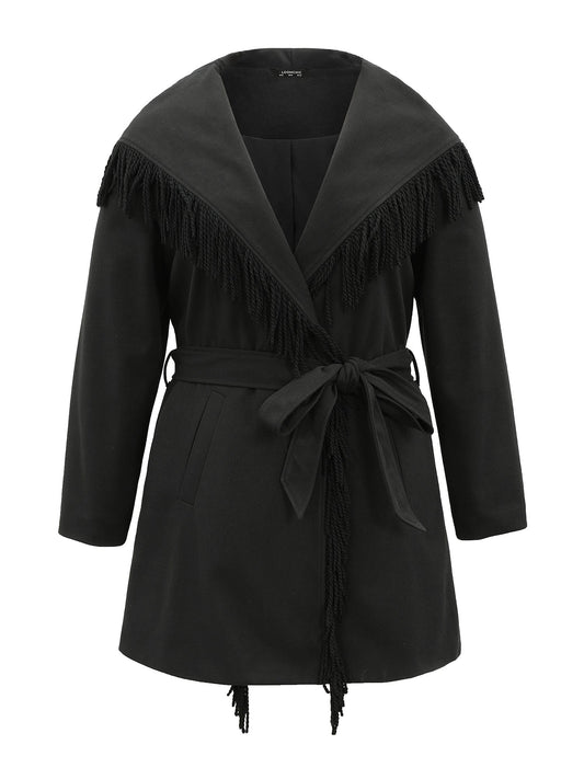 Tassels Trim Plain Lapel Collar Belted Coat