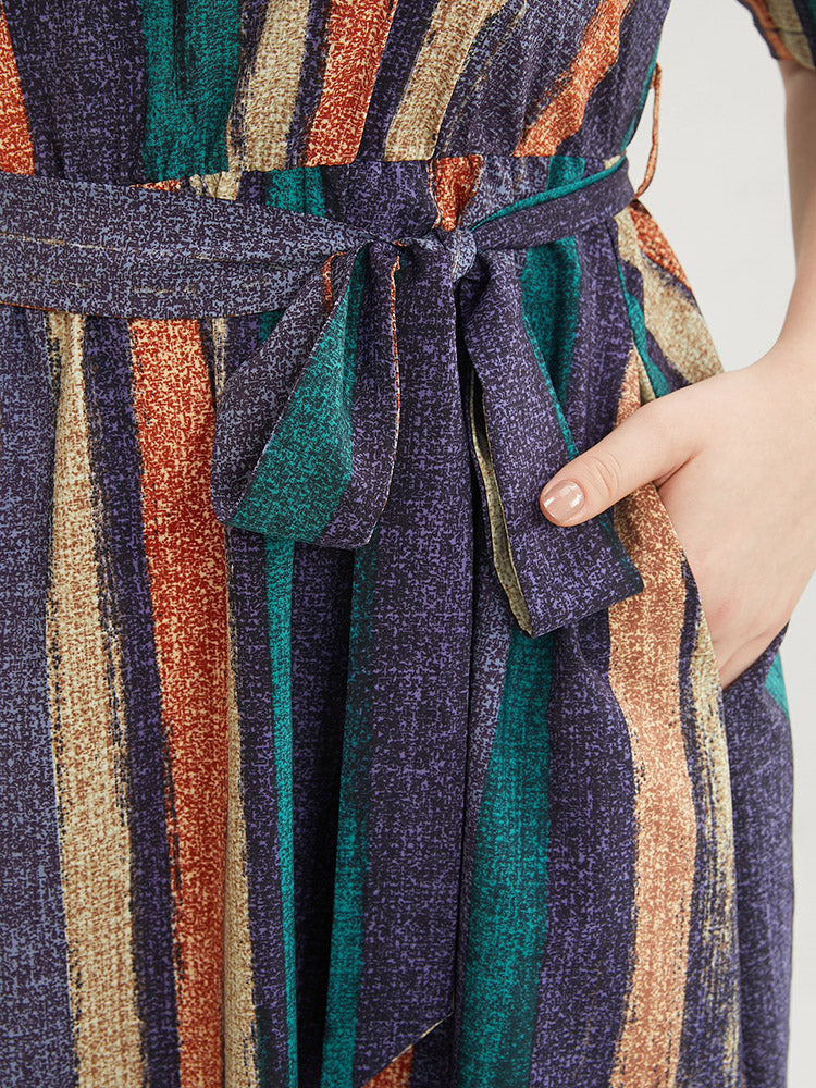 Striped Contrast Pocket Notched Ruffles Belted Arc Hem Dress