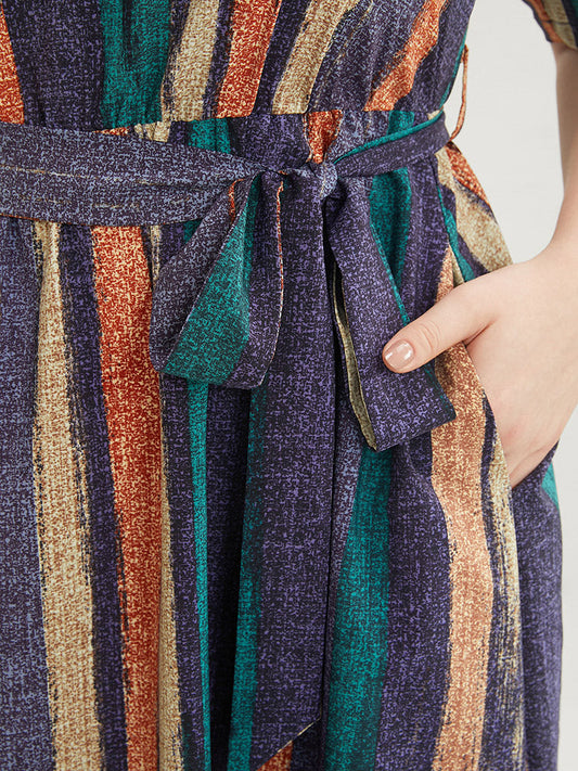 Striped Contrast Pocket Notched Ruffles Belted Arc Hem Dress