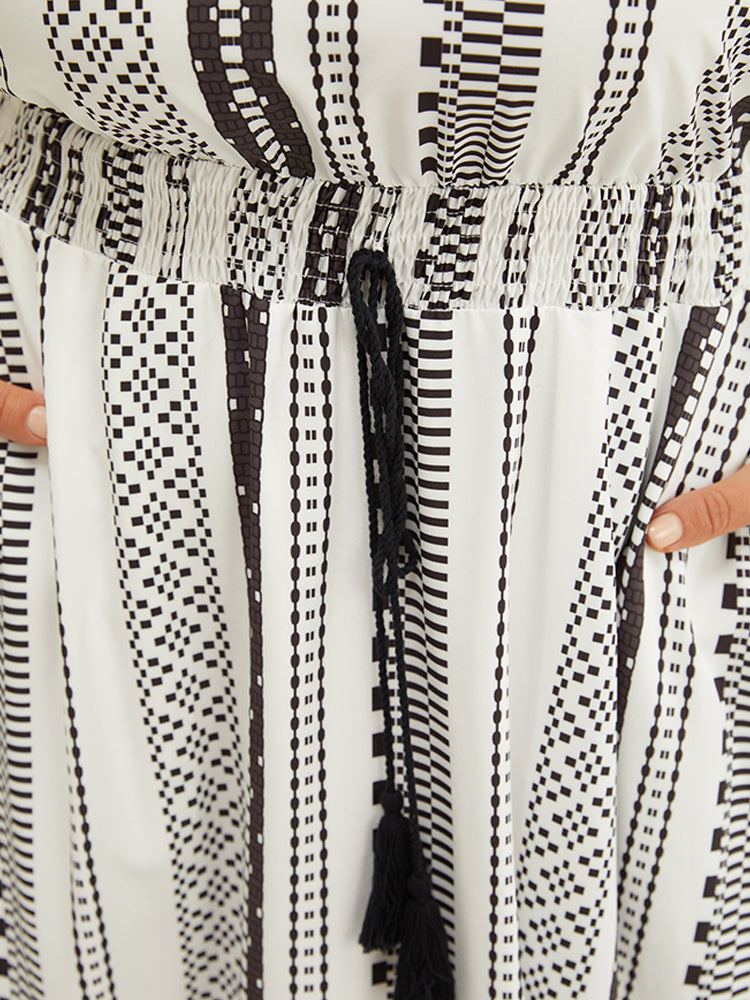 Striped Geometric Batwing Sleeve Pocket Tassels Shirred Flutter Dress