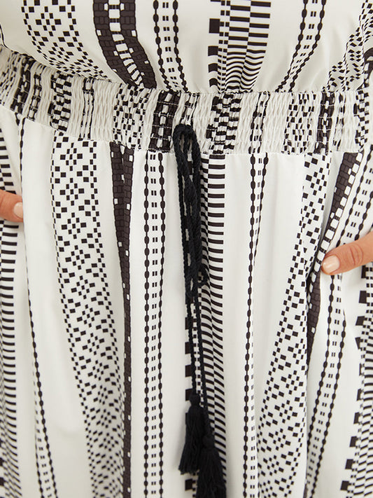 Striped Geometric Batwing Sleeve Pocket Tassels Shirred Flutter Dress