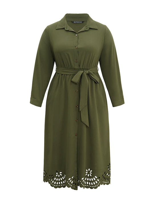 Plain Laser Cut Button Through Belted Dress