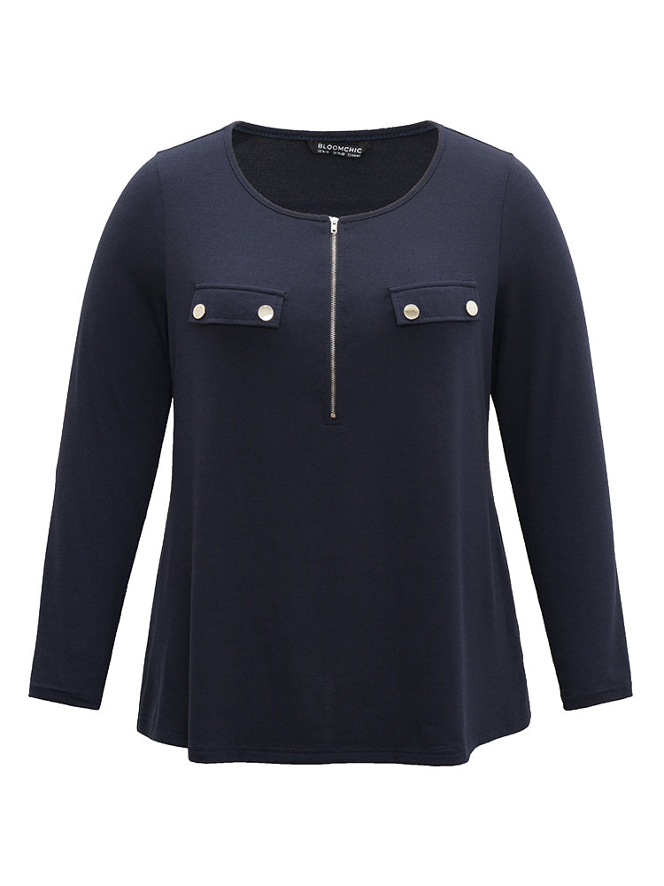 Plain Half Zip Button Detail T-shirt
