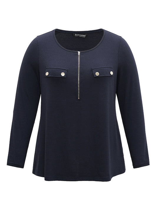 Plain Half Zip Button Detail T-shirt