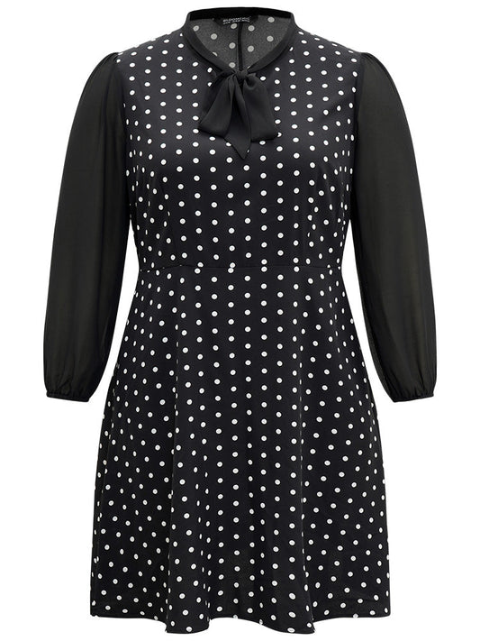 Polka Dot Patchwork Knot Lantern Sleeve Dress