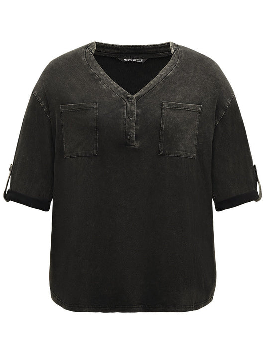 Vintage Roll Tab Sleeve Button Up T-shirt