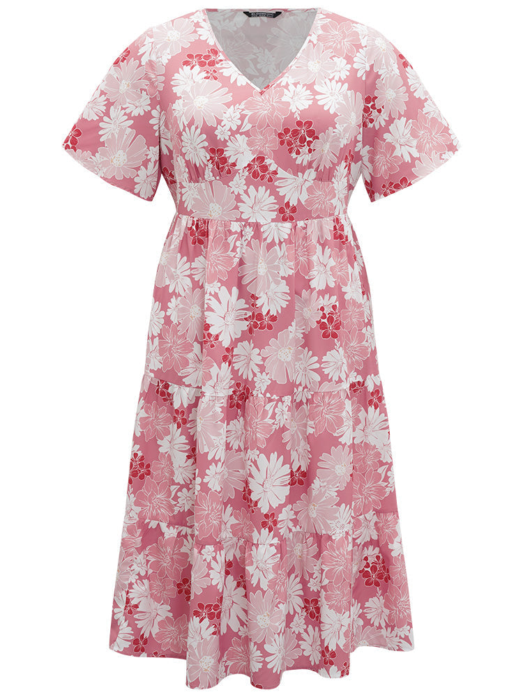 Floral Print Pocket V Neck Patchwork Dress