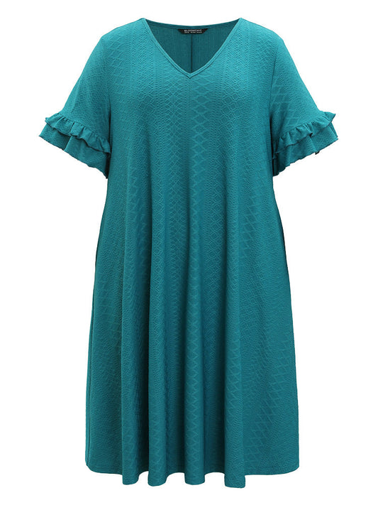 Plain Plain Textured RuffleTrim Pocket V Neck Dress