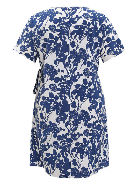 Floral Print Batwing Sleeve Pocket Knot Side Dress
